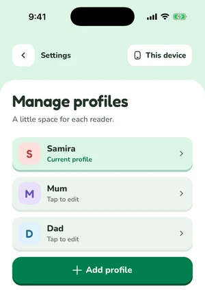 Soorah’s Manage profiles screen listing Samira, Mum, and Dad, with an Add profile button.