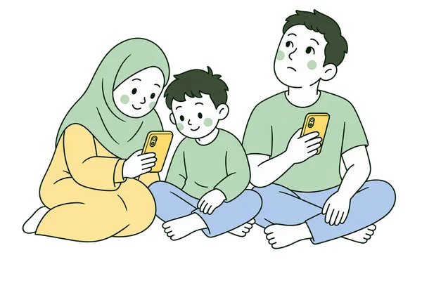 A mother, father, and child learning together with their phones.